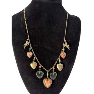 Vintage Signed Lucy Isaacs Glass Enamel Heart Love Cupid Charm Necklace